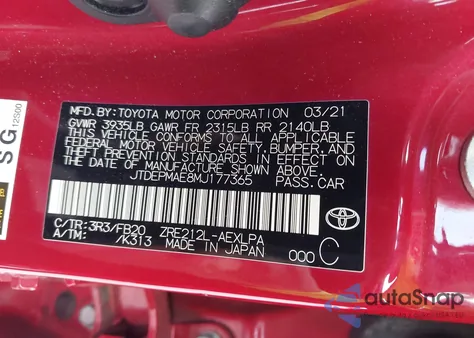 2021 Toyota Corolla Le из США, поврежденный, VIN JTDEPMAE8MJ177365